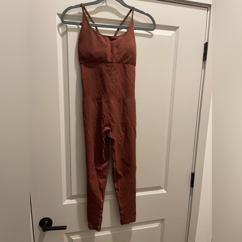 Brown Racerback Yoga Jumpsuit with Built in Padded Bra, size large